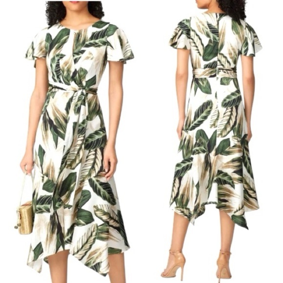 Great Jones Dresses & Skirts - Great Jones Tropical Leaf Print Midi Dress Green Ivory Asymmetrical Hem Size 4